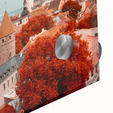 Large abstract wall art of a European scenery in muted earth tones on acrylic glass, ideal for dining room ambiance.