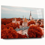 Large abstract acrylic print of a European landscape in muted earth tones, ideal for bedroom or dining room decor.