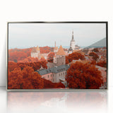 Large art print of a serene Estonian landscape in muted green and blue tones, framed in silver acrylic.