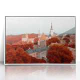 Mid-century modernist art featuring a serene Estonian landscape in muted green and blue tones, framed acrylic.