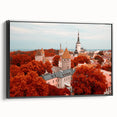 Black and white wall art featuring a vintage poster-style landscape of Estonia on a framed canvas.