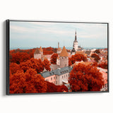 Black and white wall art featuring a vintage poster-style landscape of Estonia on a framed canvas.