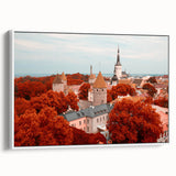 Extra large framed canvas of vintage poster art depicting a colorful Estonian landscape, ideal for living room decor.