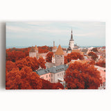 Black and white photo of a European cityscape on stretched canvas, ideal for kitchen wall art or bedroom decor.