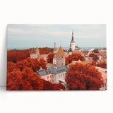 Large black and white wall art of a European cityscape on stretched canvas, ideal for kitchen art.