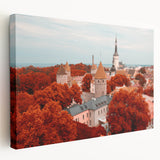 Large art print of an Estonian landscape on stretched canvas, featuring muted green and blue tones.