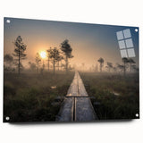 Large abstract wall art of a Finnish landscape on acrylic glass, featuring cool blue and green tones.