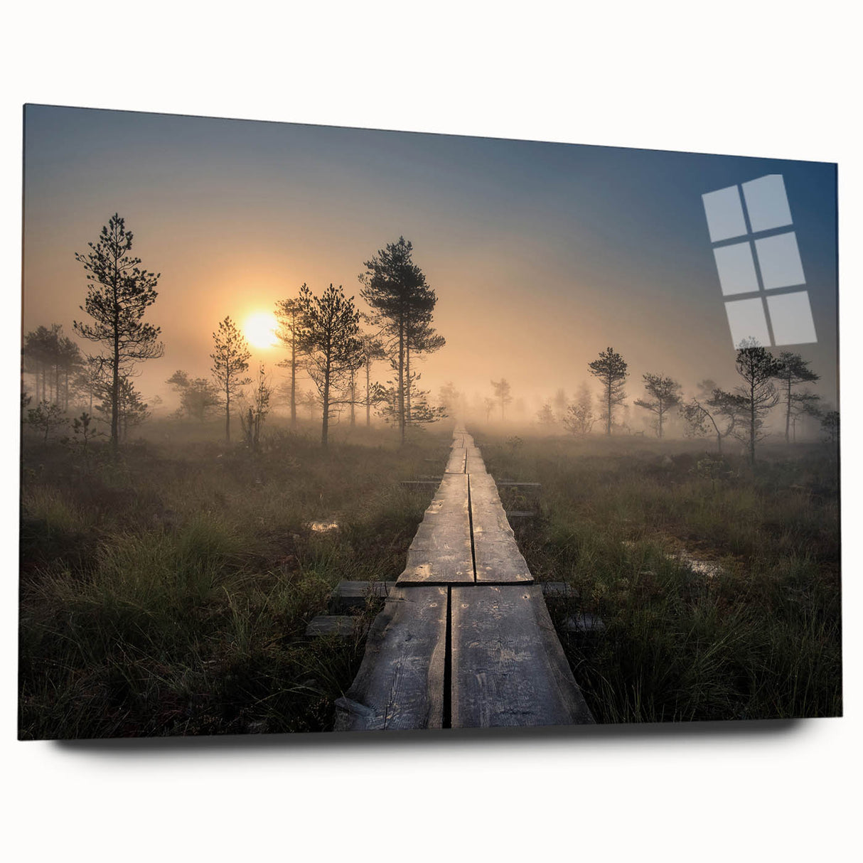 Large abstract depiction of a Finnish landscape in muted earth tones on acrylic glass.