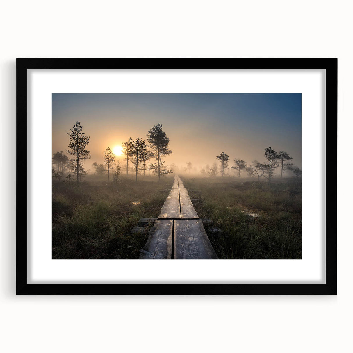 Abstract art print of a colorful, textured Finnish landscape on a large framed canvas, ideal for living room decor.