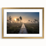 Abstract art print of a serene Finnish landscape in cool blue and green tones, framed in gold.