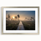 Extra large abstract art print of a textured European scenery in muted earth tones, framed with a silver mat.