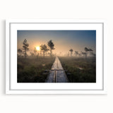 Textured abstract art print of a European Finnish landscape in muted earth tones, framed with a white mat.