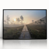 Large abstract wall art depicting a serene Finnish landscape in muted earth tones, framed in black acrylic.