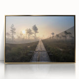 Art deco poster depicting a serene Finnish landscape in muted green and blue tones, acrylic print framed in gold.