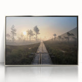 Acrylic print of a serene Finnish landscape in muted earth tones, framed in silver, suitable for modern art wall decor.