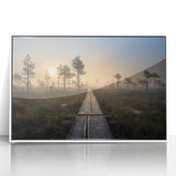 Mid-century modernist art depicting a serene Finnish landscape in muted blues and greens on a framed acrylic print.