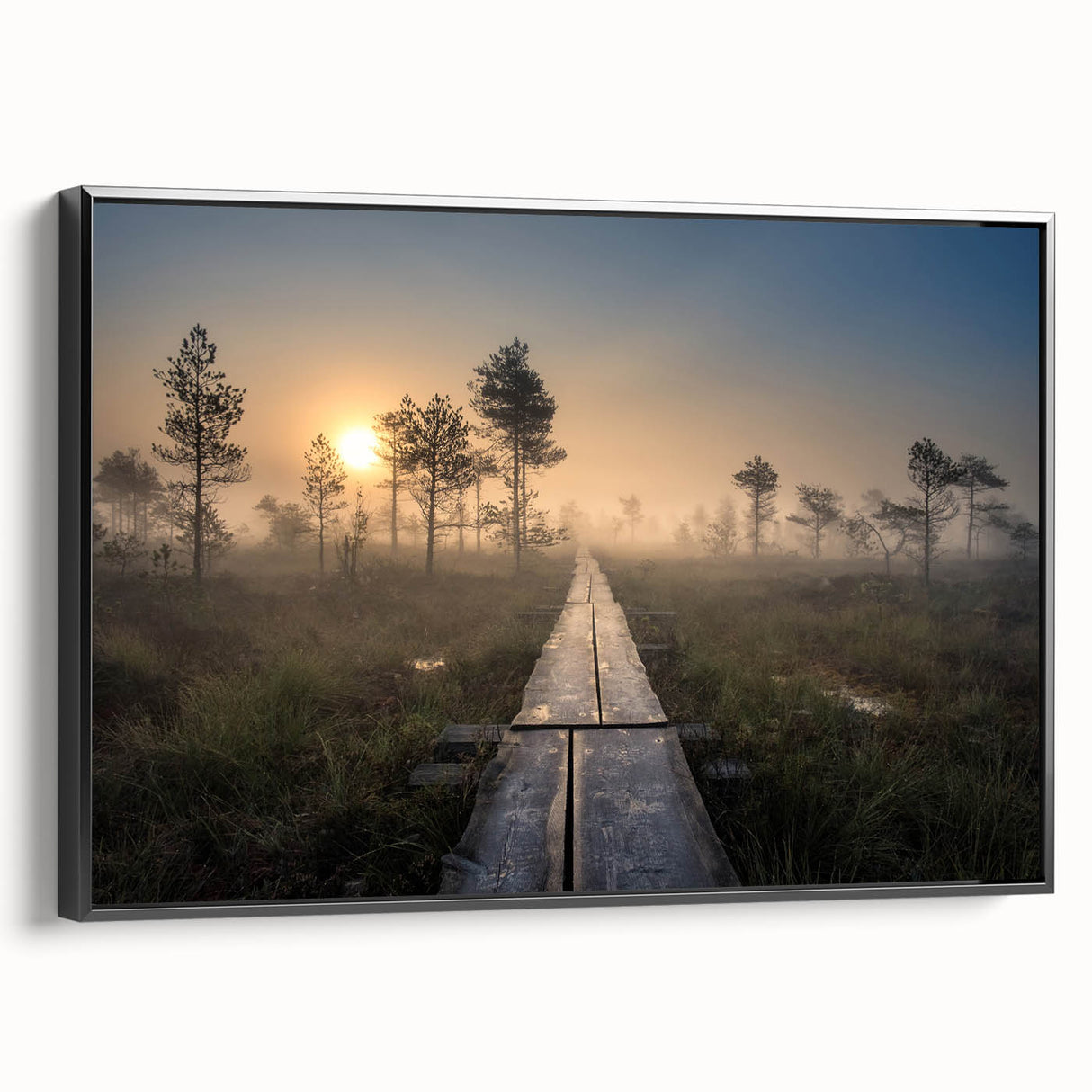 Black and white framed canvas depicting a vintage landscape of a Finnish scenery, ideal for bedroom wall decor.