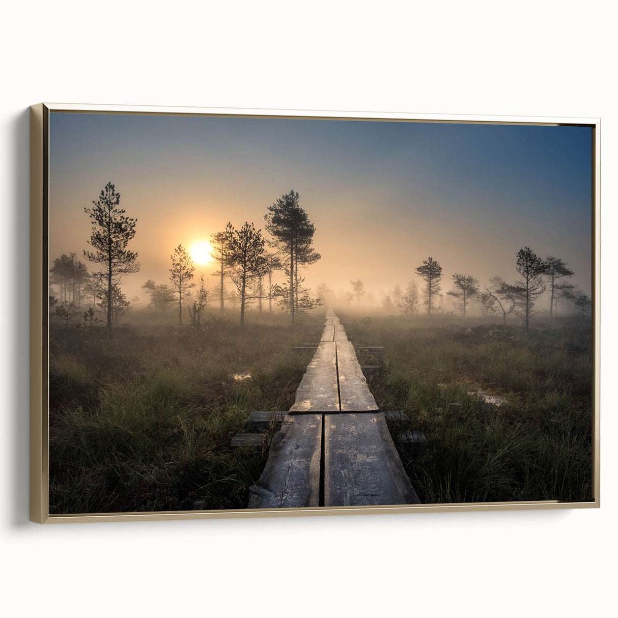 Framed canvas featuring a vintage-style landscape painting of a Finnish scenery in muted earth tones.