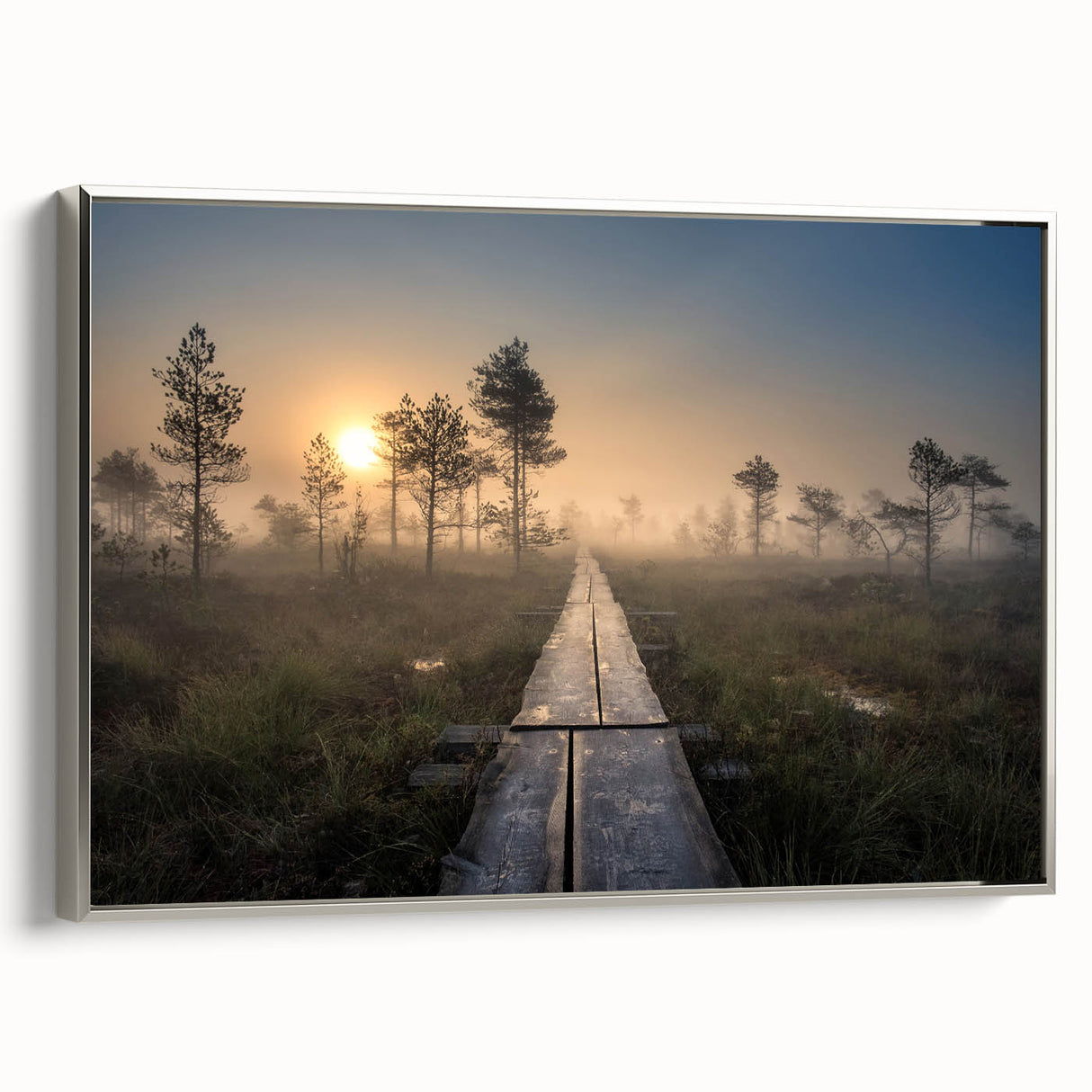 Framed canvas landscape art painting featuring a serene Finnish scenery in muted earth tones, ideal for living room decor.