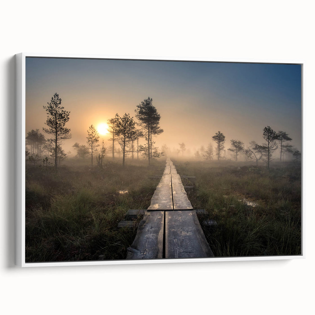 Vintage poster art of a European scenery on framed canvas, featuring colorful imagery against a black background.