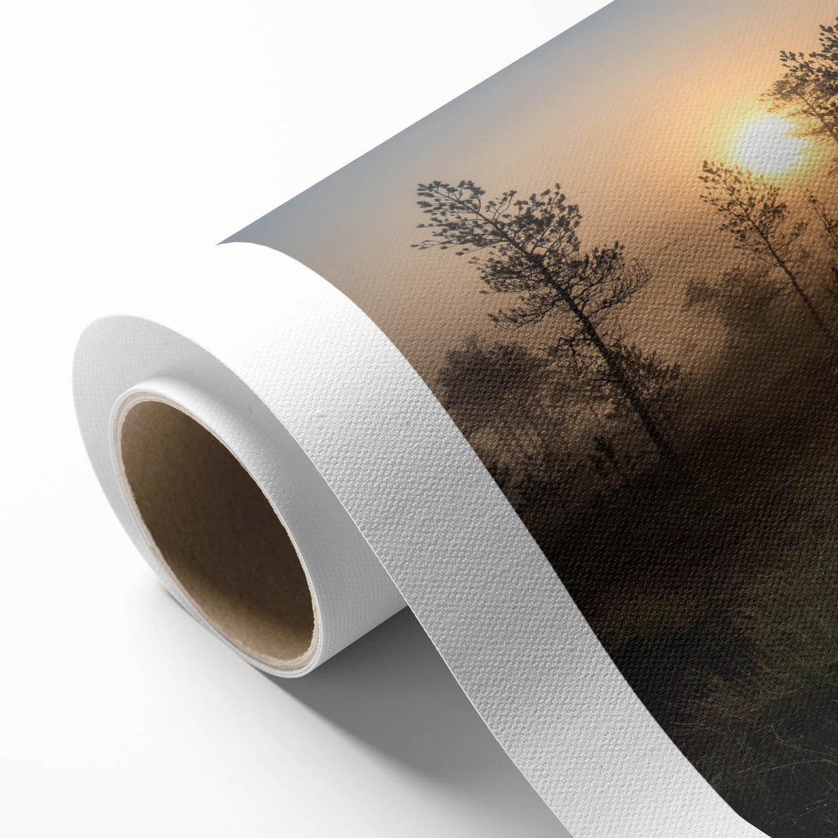 Art deco poster of a serene Finnish landscape in muted blue and green tones on rolled canvas, ideal for nursery wall art.
