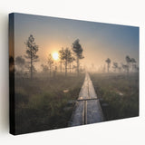 Landscape painting of a serene Finnish lake at sunset on stretched canvas, ideal for kitchen wall art.