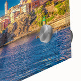 Large abstract wall art depicting a Corsican landscape in muted earth tones on acrylic glass, ideal for dining room ambiance.