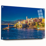 Large abstract wall art of a Corsican landscape in muted earth tones on acrylic glass.