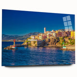 Acrylic print of a large abstract Corsican landscape in muted earth tones, ideal for bedroom or dining room art.