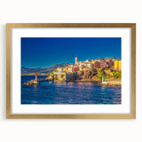 Abstract art print of the Corsican landscape in muted earth tones, framed in gold, ideal for bedroom or dining room decor.