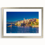 Extra large abstract art print depicting a textured European scenery in muted earth tones, framed in silver.