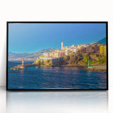 Large abstract wall art of Corsica coastline in mid-century modernist style, acrylic print in black frame.