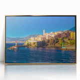 Framed acrylic print of a serene Corsican landscape in muted earth tones, ideal for modern art wall decor.