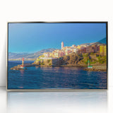 Large art print of a serene Corsican landscape in muted earth tones, framed in silver acrylic.