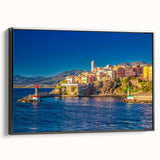 Black and white vintage poster art of Corsican landscape on framed canvas, ideal for bedroom wall decor.
