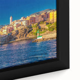 Black wall art featuring a textured, colorful Corsican landscape on a large framed canvas, suitable for living room decor.