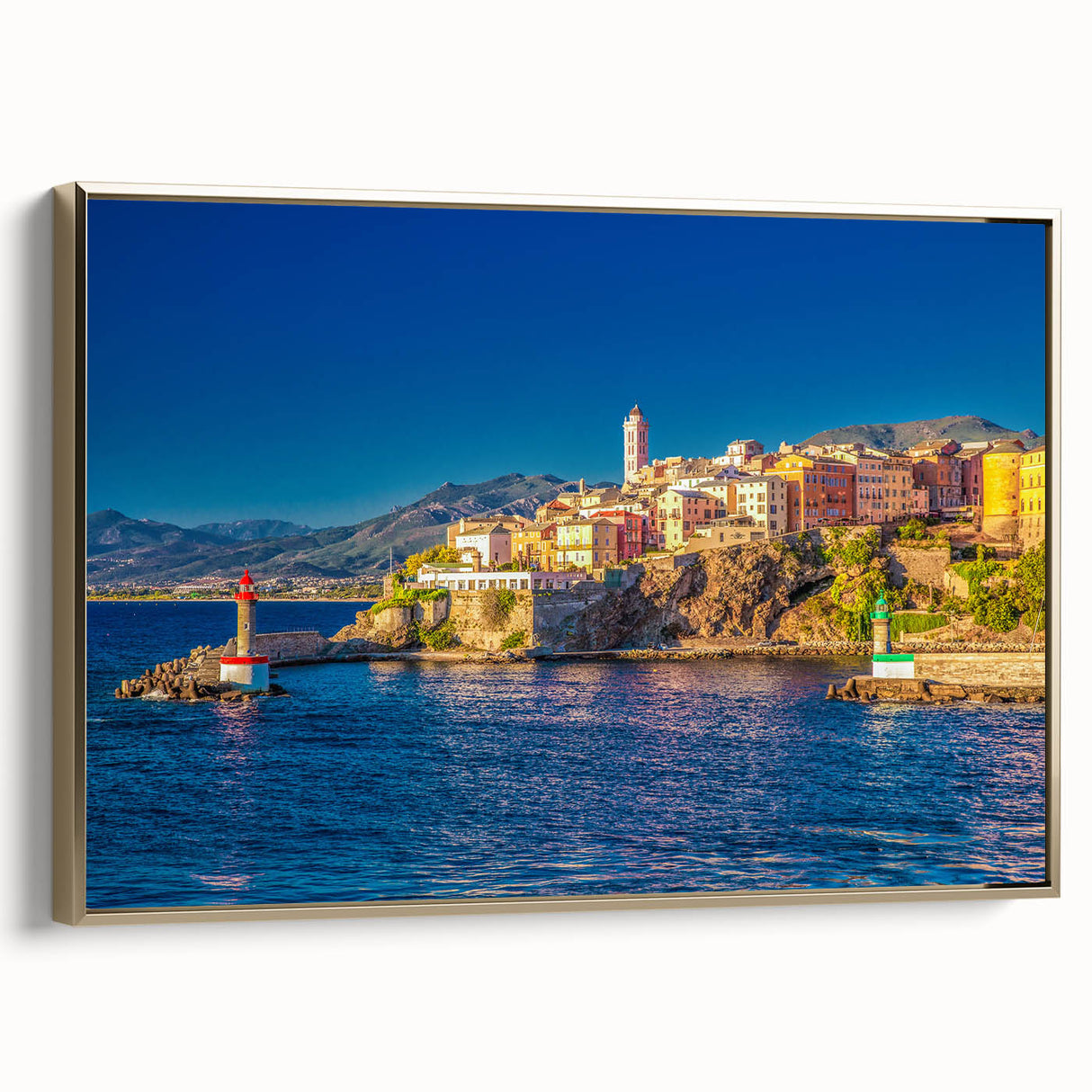 Framed canvas featuring a vintage-style landscape painting of Corsica in a gold frame, ideal for bedroom decor.