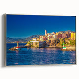 Landscape art painting of Corsican scenery, vibrant colors on silver-framed canvas, ideal for living room decor.