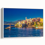 Vintage poster art of Corsican landscape on framed canvas, featuring colorful art in extra large size, ideal for living room.
