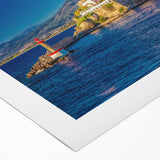 Art deco poster of a Corsican landscape in muted blue and green tones on rolled canvas, suitable for dining room wall art.