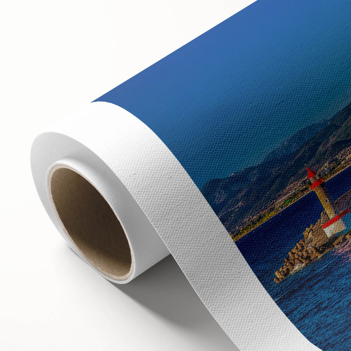 Art deco poster of a serene Corsican landscape in muted blues and greens on rolled canvas, ideal for nursery wall art.