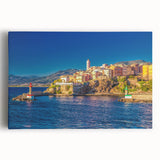 Black and white stretched canvas featuring a serene Corsican landscape, ideal for kitchen wall art or bedroom ambiance.
