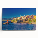 Large black and white photo of Corsican landscape on stretched canvas, ideal for kitchen wall art.
