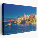 Large canvas print of a scenic Corsican landscape with vivid blue and lush green tones, suitable for kitchen wall art.
