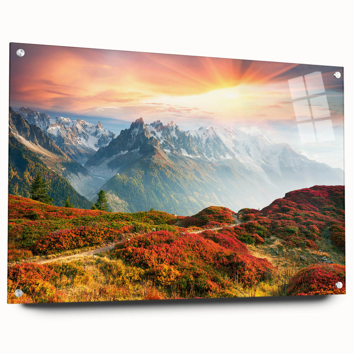 Acrylic print of the French Alps in muted earth tones, ideal for dining room decor.