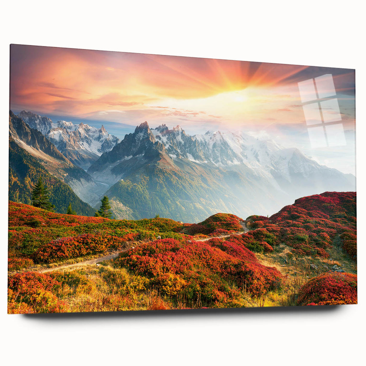 Acrylic print of the French Alps in muted earth tones, ideal for bedroom or dining room art.