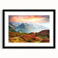 Colorful abstract art print of the French Alps in vibrant hues on a large textured canvas, ideal for living room decor.