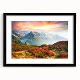 Colorful abstract art print of the French Alps in vibrant hues on a large textured canvas, ideal for living room decor.