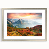 Extra large abstract art print of the French Alps in textured silver frame, displaying muted earth tones.