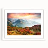 Textured art print depicting the French Alps in abstract style with muted earth tones, framed with a white mat.
